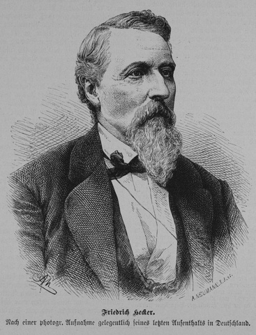 A realistic, black and white drawn portrait of a man named Friedrich Hecker. He has a long beard and is wearing a suitcoat.