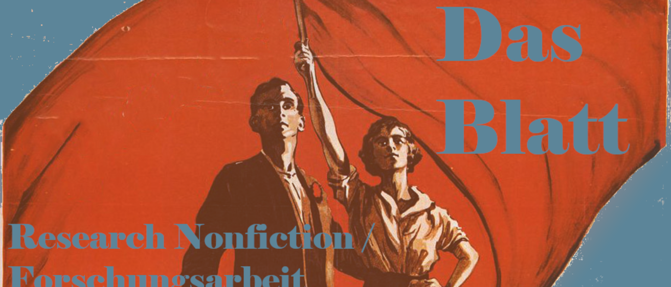 Header image with a red flag in the background. Two people, a man and a woman, are in the center of the photo. The woman is holding the stick of the flag. "Research nonfiction/Forschungsarbeit" is written in teal text in the bottom left corner.